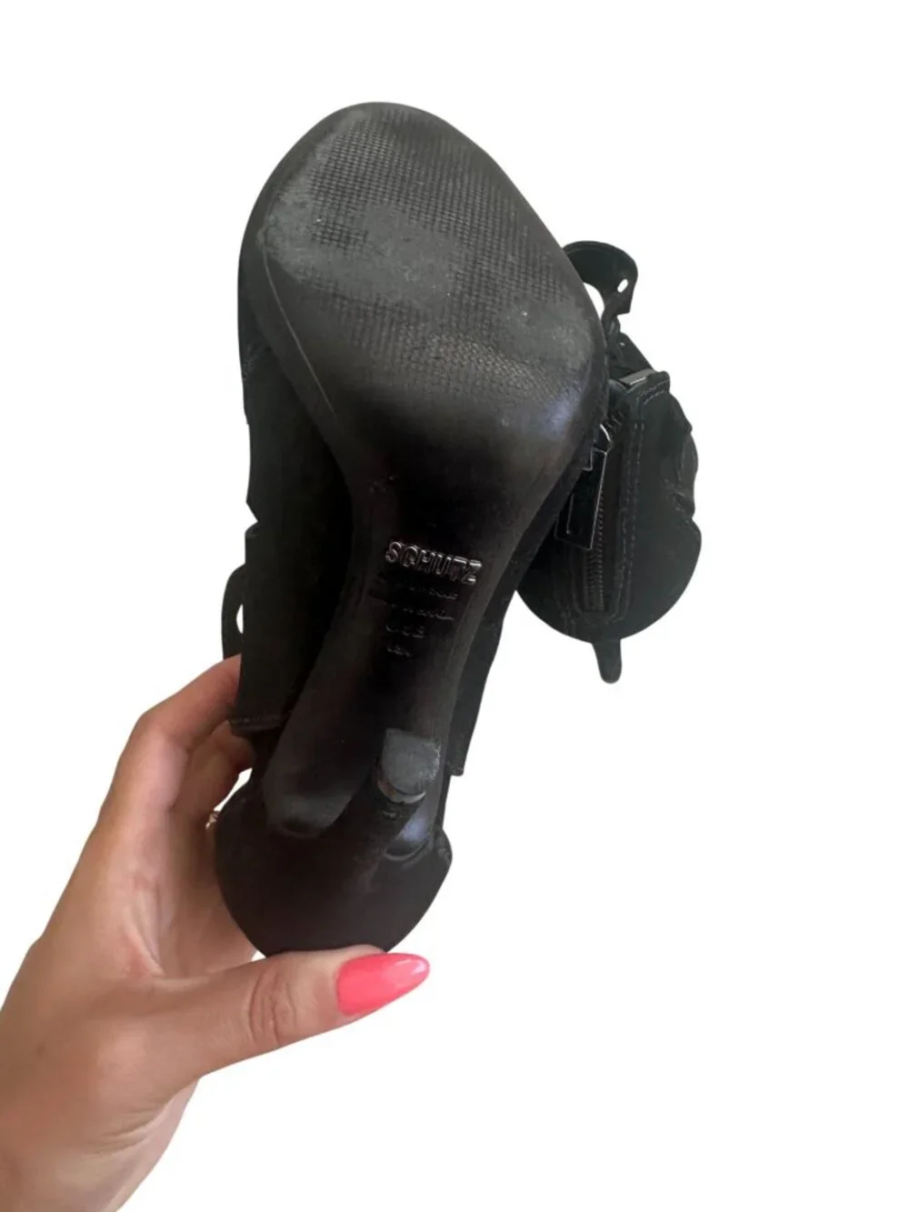 SCHUTZ Black Suede Zip Sandals Heels Size 6.5